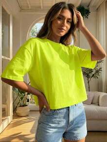 Blusa de mujer de cuello redondo, manga corta, holgada y casual, de estilo minimalista, elegante y sexy Y2K, adecuada para uso diario, oficina, hogar, exterior, primavera/verano - verde fluorescente - Ver 5