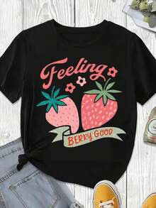 Camiseta con Estampado de Fresas "Feeling Berry Good", Ropa Casual de Verano, Blusa Blanca para Mujer para Uso Diario y Temporada de Vacaciones - Negro - Ver 3