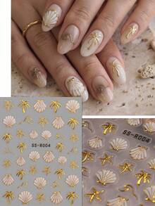 2片装 5D浮雕极光幻彩贝壳金箔棕榈树美甲贴纸 - 3D珍珠质感海洋主题美甲贴花 - 夏季/度假/婚礼/音乐节 DIY装饰贴纸 - 彩色 - 查看 7