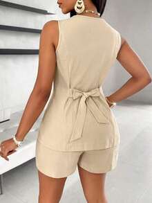 Chaleco con botones delanteros y shorts - Caqui - Ver 2