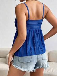 Camiseta sin mangas de mujer de moda con diseño plisado de unicolor y ribete de encaje - Azul menta - Ver 2