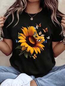 Solt - Camiseta de Cuello Redondo para Mujer con Estampado de Girasoles y Mariposas, Manga Corta, Estilo Casual de Verano para Uso Diario, Diseño con Personalidad - Negro - Ver 2