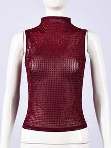 Women Y2k Sheer Mesh Tank Tops Turtle Neck Sleeveless Sparkly Rhinestone Decor Crop Vest Summer Slim Fit Rave Concert Outfits - Red - View 2