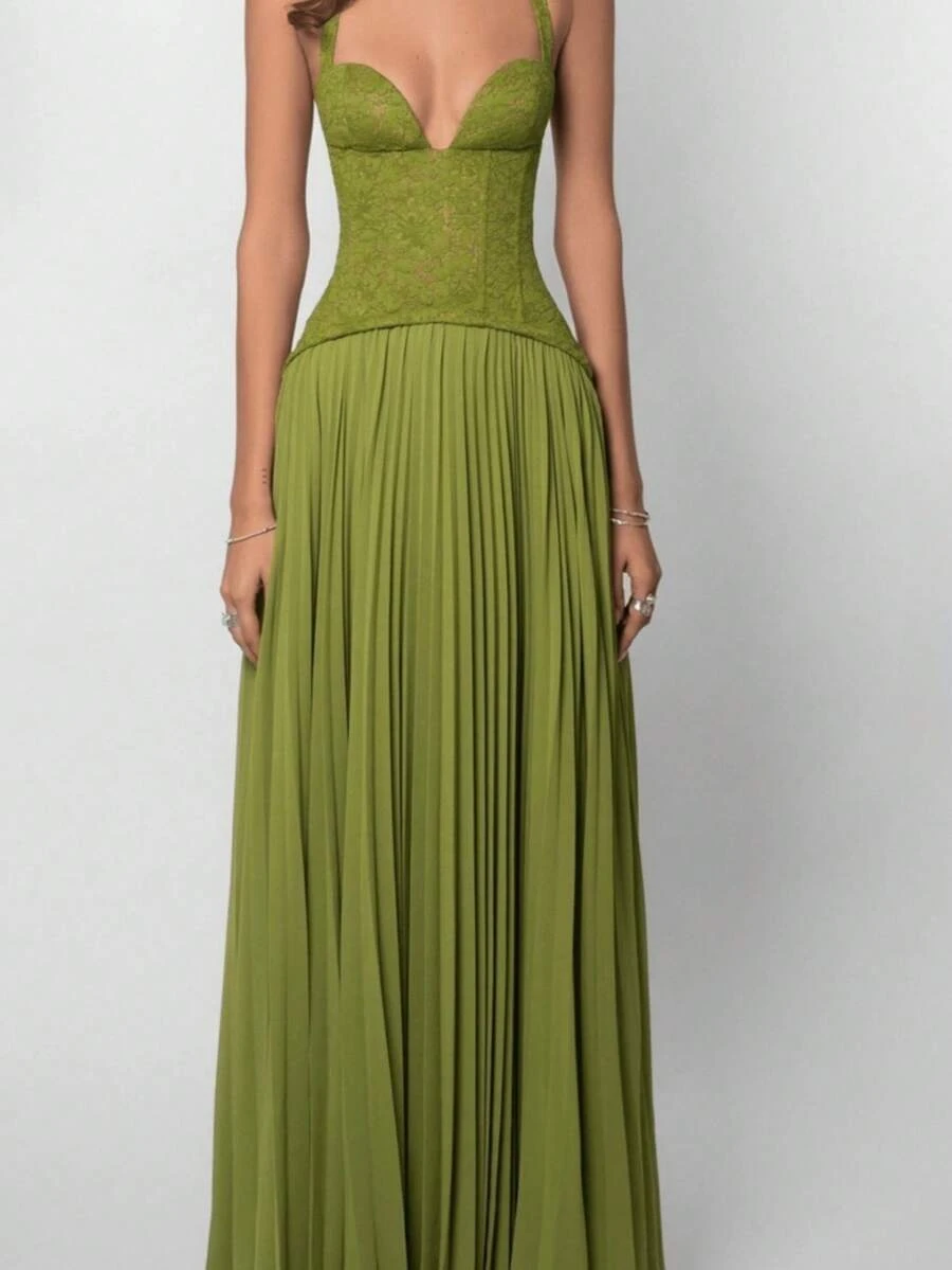 New Arrival Sensual Halter Dress Open Back Pleated Bodycon - Green - View 1