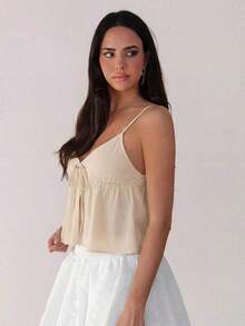 Camiseta de tirantes con volantes y lazo delantero de unicolor para mujer - Albaricoque - Ver 5