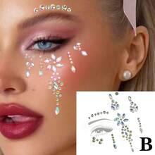 Iridescent Moon Shape, Face Rhinestone Sticker With Pearl & AB Rhinestone Accents, Self-Adhesive Face Decor Sticker For Stage, Party Makeup, Shiny Effect, Easy To Apply On Skin, Music Festival Glam Makeup Embellishment - Multicolor - View 7