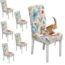 1pc/2pcs/4pcs/6pcs/30pcs Capa Elástica para Cadeira de Jantar, Tamanho Universal, Estilo de Arte Floral em Aguarela, Estampa de Flores Azul & Laranja, Poliéster de Alta Elasticidade, Cobertura Total, Resistente a Manchas, Lavável & Removível - Multicolorido - Ver 16