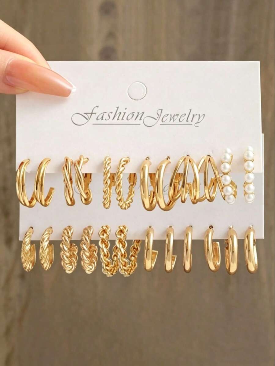 24 đôi khuyên tai vòng hình chữ C tối giản, món quà lý tưởng cho các buổi hẹn hò và kỳ nghỉ. - Vàng - Xem 1