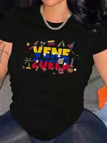 Camiseta minimalista para mujer con estampado de , cuello redondo, tejido de punto, 220 g/m², camiseta de moda para todas las estaciones. Camiseta con estampado gráfico de , manga corta, cue - Negro - Ver 1