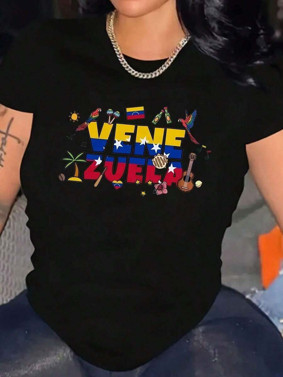 Camiseta minimalista para mujer con estampado de , cuello redondo, tejido de punto, 220 g/m², camiseta de moda para todas las estaciones. Camiseta con estampado gráfico de , manga corta, cue - Negro - Ver 1