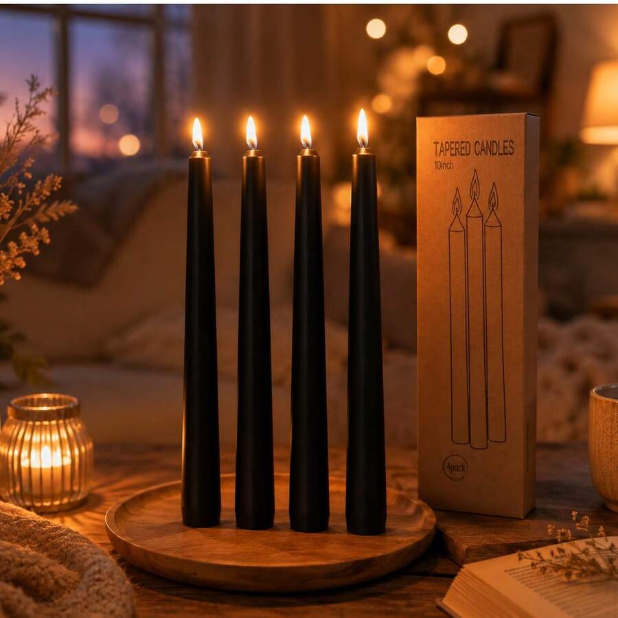 4 Pack 10 Inch Taper Candles - Drip-Free, Smokeless, Unscented - Suitable For Weddings, Dinners, Christmas - Black - View 1