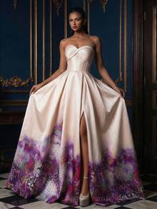 Elegant Strapless Maxi Dress For Women, With Zipper Detail And Flared Hem Design, Suitable For Formal Evening Occasions Wedding Party - Champagne - View 8