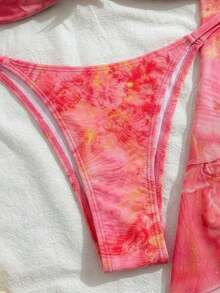 Conjunto de bikini y vestido de playa elegante y sexy con estampado floral y espalda descubierta con flores 3D, para primavera/verano y vacaciones - Flor de rosa negra - Ver 11