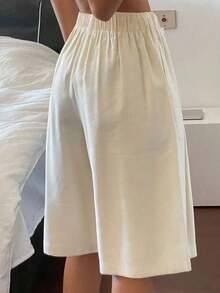 Pantalones rectos sueltos de unicolor con cintura elástica y cordón, informales de lino para el verano - Albaricoque - Ver 2