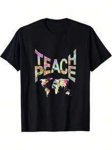 Anti-Peace T-Shirt With Colorful Globe Print And Lettering, Activist Clothing, Same Style For Men And Women, Summer 2026 Printed Short Sleeve T-Shirt, Cotton T-Shirt - 黑色 - 查看 1