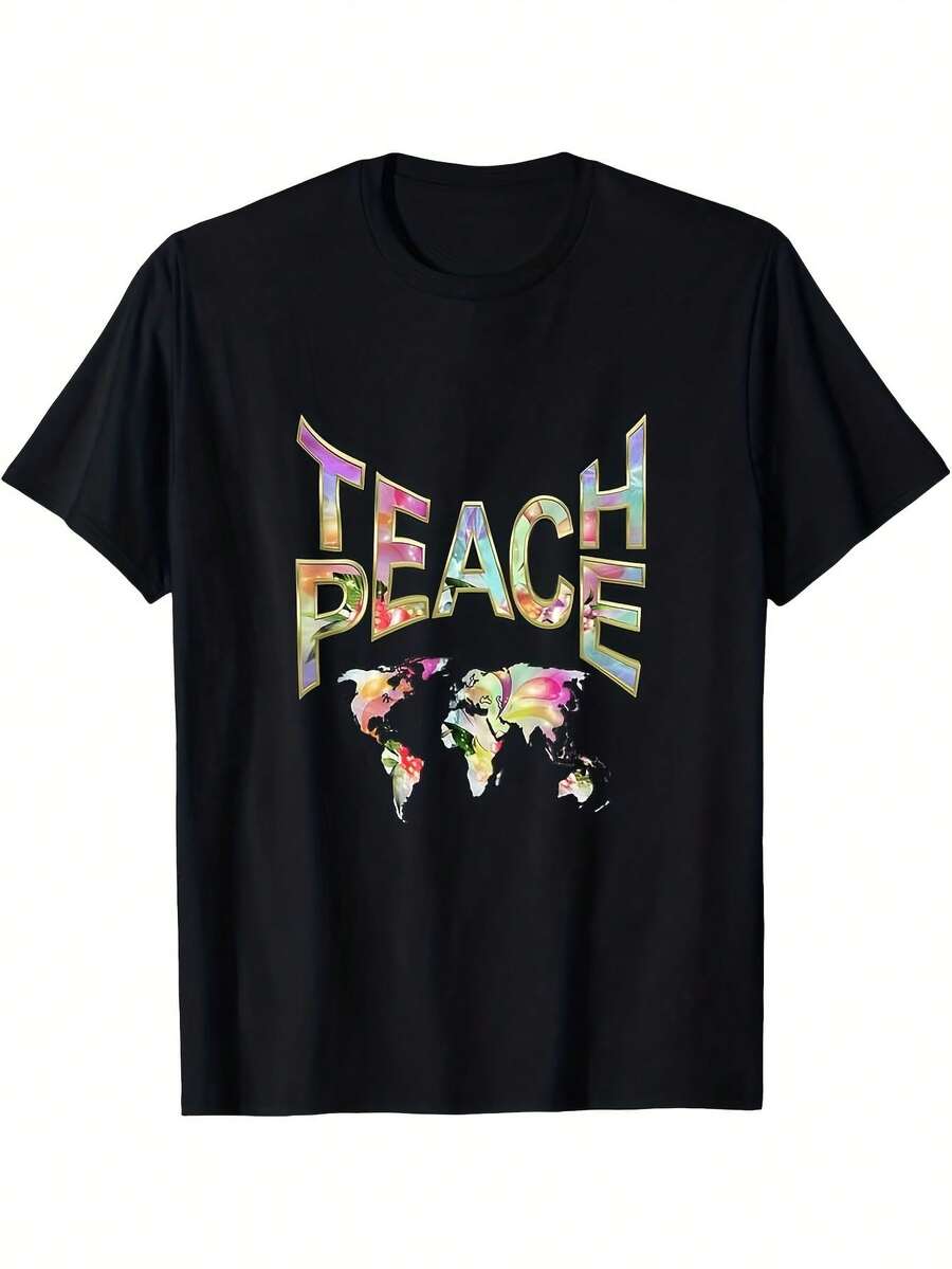 Anti-Peace T-Shirt With Colorful Globe Print And Lettering, Activist Clothing, Same Style For Men And Women, Summer 2026 Printed Short Sleeve T-Shirt, Cotton T-Shirt - 黑色 - 查看 1