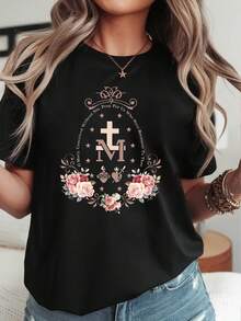 Ropa de mujer, camiseta católica de María, top con cruz de María, camiseta católica floral, camisa de mujer cristiana, regalo inspirado en la fe, camisas de mujer. - Negro - Ver 1