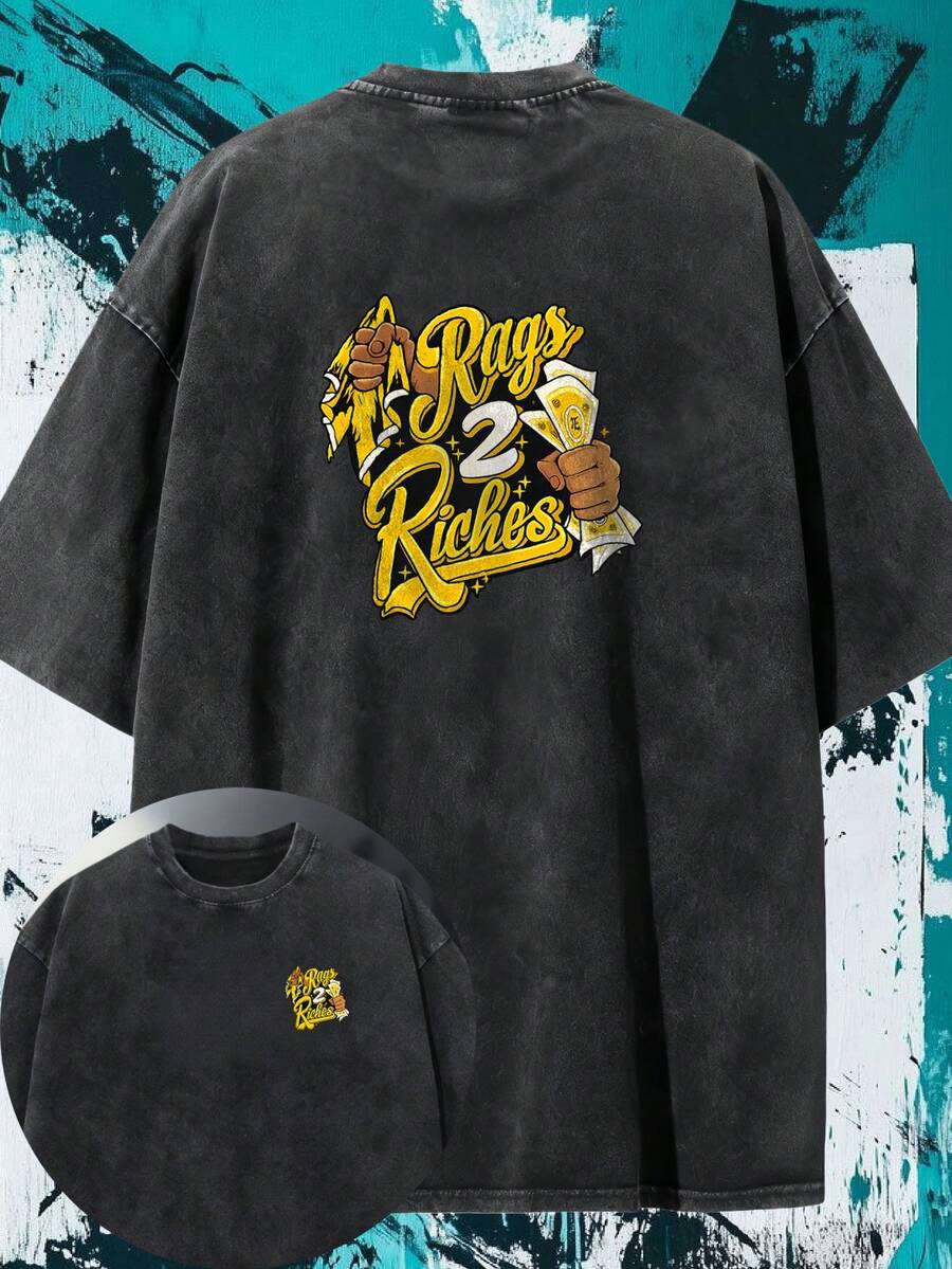 Double-Sided Printed T-Shirt With A Washed Effect, Urban Graffiti Print, Classic Replica, Soft And Comfortable, Stylish And Unique, Suitable For Casual Outings, Outdoor Sports And Parties. - 黑色 - 查看 1