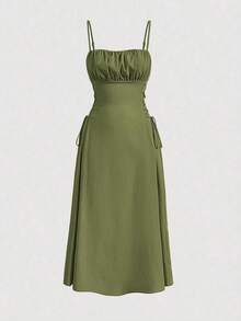 Vestido de tirantes unicolor pecho con fruncido con cordón lateral - Verde - Ver 1
