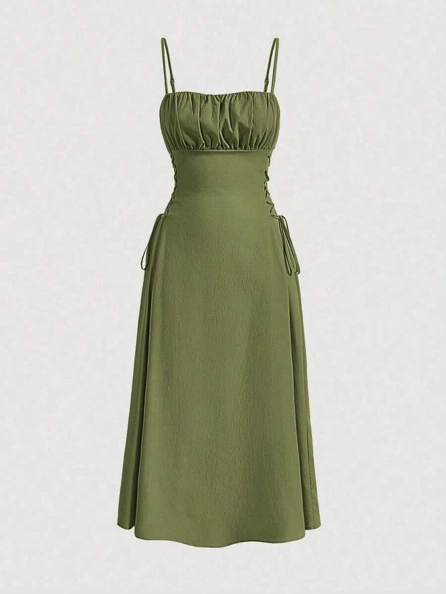 Vestido de tirantes unicolor pecho con fruncido con cordón lateral - Verde - Ver 1