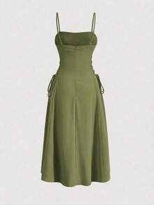 Vestido de tirantes unicolor pecho con fruncido con cordón lateral - Verde - Ver 2