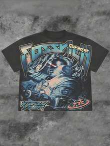 T-shirt graphique Cyberpunk Fossilment avec motif World Tour, confortable et décontracté à manches courtes, en coton épais 220 grammes, imprimé, Halloween - Noir - Voir 8