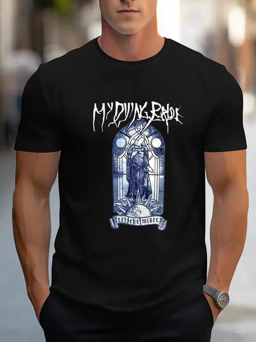 Camiseta de manga corta transpirable para hombre con diseño gótico de heavy metal - con estampado de "My Dying Bride" y "Feel Misery Windowpane" - Camiseta de banda negra con gráficos blancos - Hermosa tipografía gótica y arte de temática oscura, estilo casual de verano. - Negro - Ver 1