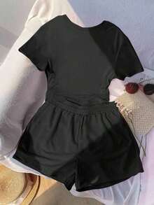 Conjunto casual de camiseta con estampado bordado de corazón y shorts de cintura elástica para mujer, adecuado para deportes al aire libre, regalo para mujeres, hermanas, mamá, Día de la Madre, Día de San Valentín - Negro 2 - Ver 2