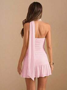 Vestido mini con volantes en el bajo, color amarillo sólido - Rosa coral - Ver 2
