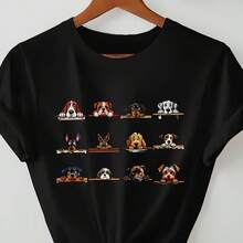 Women's 100% Cotton T-Shirts 2026 - Women's Casual Short Sleeve T-Shirt - Dog Breed Pattern Print, Soft Round Neck, Black, Machine Washable, Spring Summer Fashion Top, Cute T-Shirt, Weekend Style, Breathable Shirt For Pet Owners, Korean Style - Black - View 6