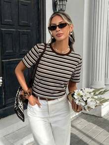 Camiseta holgada de cuello redondo y manga corta de estilo minimalista casual para mujer, con estampado de rayas, conjunto de ocio para mujer - Multicolor 4 - Ver 4