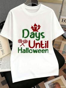1 Paquete de Camisetas para Mujer del Día de Muertos - 100% 180GSM, Blanca, Manga Corta, Cuello Redondo, Arte Folclórico Mexicano con Estampado "Días Hasta Halloween" y Eslogan, y Diseño de Calavera de Azúcar - Ropa Casual y para Fiestas Temáticas para Todas las Temporadas, Ropa Deportiva Duradera para Atuendo Informal - Blanco - Ver 8