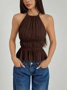 Top de tirantes sin espalda con cuello de halter y cintura anudada plisada para mujer - Café integral - Ver 7