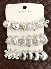 6/18pcs Women Silver Tone Fashion Earring Set, Includes Ball Stud Earrings, Smooth C-Hoop Earrings, 5-Petal Flower Stud Earrings, Cat Claw Stud Earrings, Wide C-Hoop Earrings, Textured C-Hoop Earrings, Fashionable & Elegant/Refreshing Silver Tone Earring Set, Great Gift For Friends, Lovers, Mothers - Silver - View 1