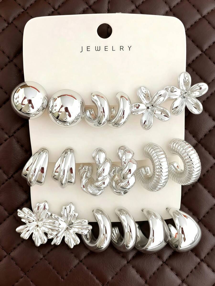 6/18pcs Women Silver Tone Fashion Earring Set, Includes Ball Stud Earrings, Smooth C-Hoop Earrings, 5-Petal Flower Stud Earrings, Cat Claw Stud Earrings, Wide C-Hoop Earrings, Textured C-Hoop Earrings, Fashionable & Elegant/Refreshing Silver Tone Earring Set, Great Gift For Friends, Lovers, Mothers - Silver - View 1