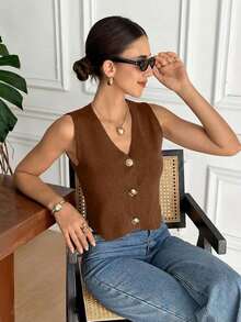 Chaleco elegante de mujer de unicolor con cuello en V sin mangas, decorado con botones metálicos, para verano, playa, vacaciones, estilo boho, tropical, casual, de oficina, de salida elegante, para la escuela y vacaciones, color albaricoque - Marrón - Ver 6