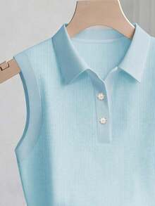Camiseta sin mangas de mujer de punto acanalado, elegante y de moda - Azul - Ver 3
