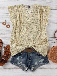 Clasi Blusa de mujer de verano con cuello en V y mangas cortas con estampado floral - Amarillo - Ver 1