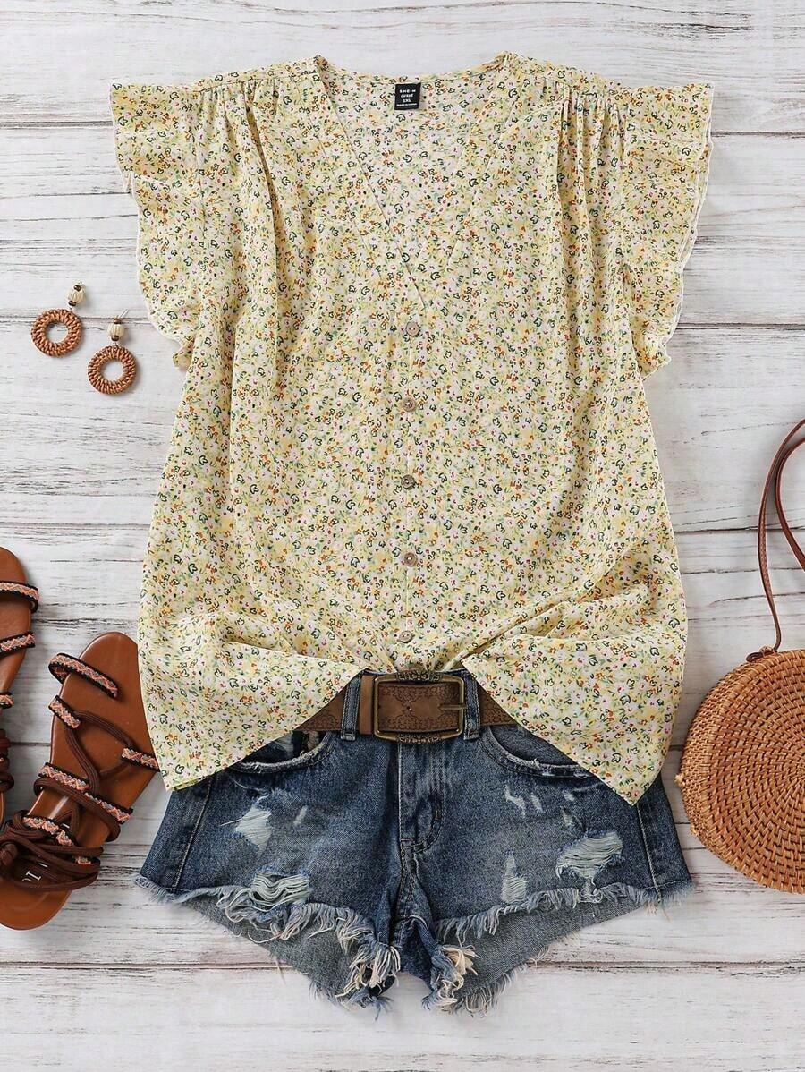 Clasi Blusa de mujer de verano con cuello en V y mangas cortas con estampado floral - Amarillo - Ver 1