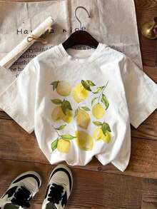 Women's Short Sleeve T-Shirt With Lemon Print - Soft Cotton-Like Fabric, Lemon Slice And Leaf Design, Loose Fit With Dropped Shoulders, Casual All-Season Top With Lemon And Lime Fruit Pattern (White) For Summer Outfits, Picnic, Beach - Machine Washable - 白色 - 查看 1
