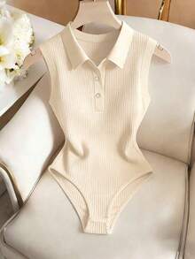 Elegante body de punto blanco con cuello vuelto y media cremallera, body de mujer para primavera/verano, ideal para vacaciones y playa - Caqui - Ver 1