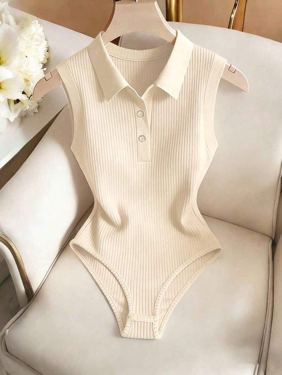 Elegante body de punto blanco con cuello vuelto y media cremallera, body de mujer para primavera/verano, ideal para vacaciones y playa - Caqui - Ver 1