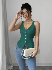 Camiseta sin mangas de un solo pecho de unicolor casual para mujer - Verde - Ver 5