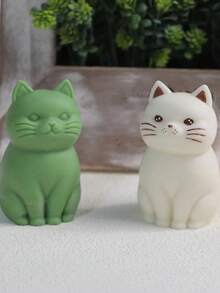 1个新款3D可爱小/中/大号坐姿猫硅胶蜡烛模具，DIY卡通猫形香薰石扩香模具，家居桌面装饰 - A-白色 - 查看 4
