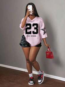 Camiseta de mujer con gráfico de letras y números, de estilo minimalista y casual, adecuada para el verano - Rosa Pálido - Ver 8