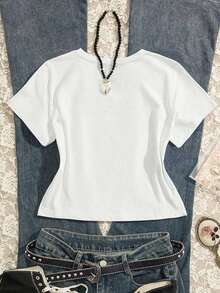 Camiseta casual de mujer de cuello redondo y manga corta con aplicación de estrella - Blanco 2 - Ver 2