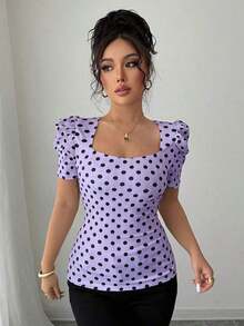 Camiseta casual de mujer, elegante y sexy, de manga corta, cuello joya, mangas abullonadas, puños fruncidos, estampado de lunares blancos y negros, silueta ajustada, adecuada para vacaciones - Multicolor 2 - Ver 6