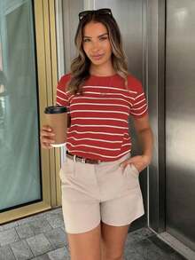 PariChic Camiseta casual de mujer a rayas, camisetas gráficas versátiles para mujer - Rojo y blanco - Ver 4