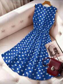 Vestido de línea A con cuello en V sin mangas, estampado de lunares y lazo en la cintura, adecuado para el Día de San Valentín y citas - Azul marino - Ver 2