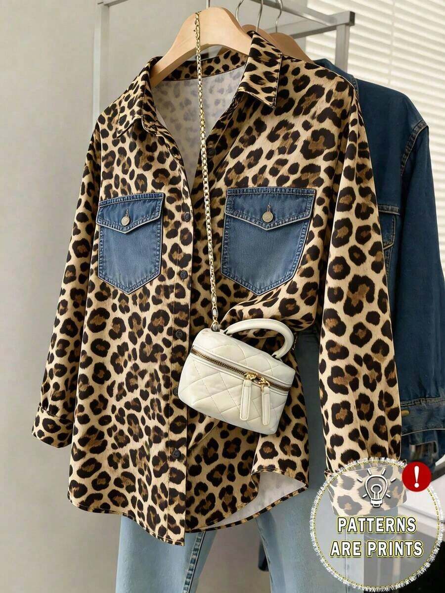 Camisa de mujer de uso diario versátil y casual con estampado de leopardo de una sola hilera de botones - Multicolor 5 - Ver 1